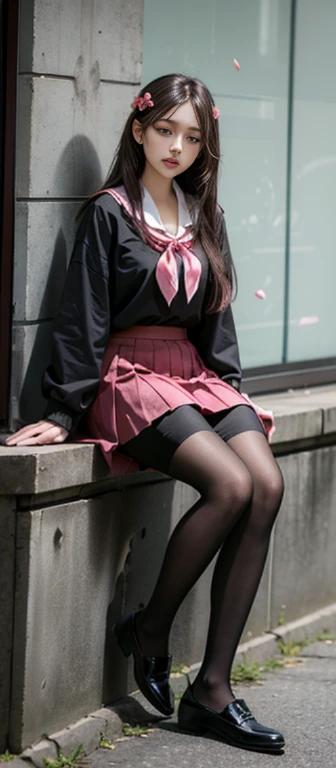 camellia, flower, red_flower, red_rose, rose, katana, 1girl, pink_rose, pink_flower, spider_lily, shoes, long_hair, school_uniform, serafuku, sheath, skirt, solo, sheathed, vase, looking_at_viewer, sitting, orange_flower, pleated_skirt, rose_petals, black_shirt, black_legwear, black_skirt, hibiscus, very_long_hair, parted_lips, loafers, sailor_collar, black_hair, neckerchief