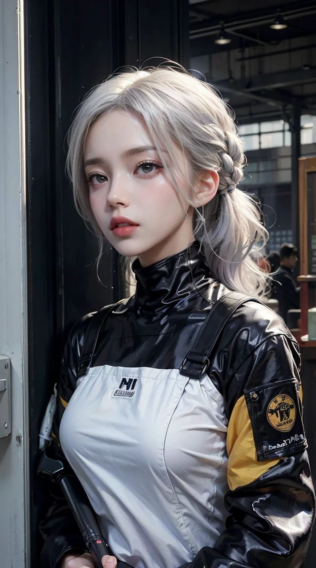 Masterpiece, Best Quality, 4k, UHD, Mishōjo, Painting, beautiful eyes and detailed face, Illustration, beautiful detail, high resolution Illustration, glittering_white_Particle, 1Girl, white hair, Light purple eyes, hair above one eye, Short sidetail, Baseball Cap,Expressionless, Window shades, black jackets, Chest Rig, The cyberpunk, techwear,(Impressionism:1.4)