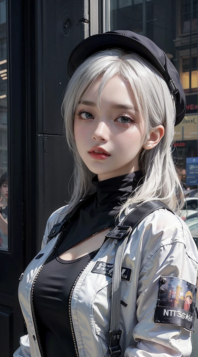 Masterpiece, Best Quality, 4k, UHD, Mishōjo, Painting, beautiful eyes and detailed face, Illustration, beautiful detail, high resolution Illustration, glittering_white_Particle, 1Girl, white hair, Light purple eyes, hair above one eye, Short sidetail, Baseball Cap,Expressionless, Window shades, black jackets, Chest Rig, The cyberpunk, techwear,(Impressionism:1.4)