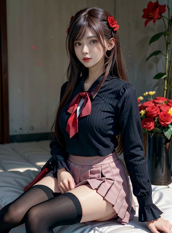 camellia, flower, red_flower, red_rose, rose, katana, 1girl, pink_rose, pink_flower, spider_lily, shoes, long_hair, school_uniform, serafuku, sheath, skirt, solo,  sheathed, vase, looking_at_viewer, sitting, orange_flower, pleated_skirt, rose_petals, black_shirt, black_legwear, black_skirt, hibiscus, very_long_hair, parted_lips, loafers, sailor_collar, black_hair, neckerchief