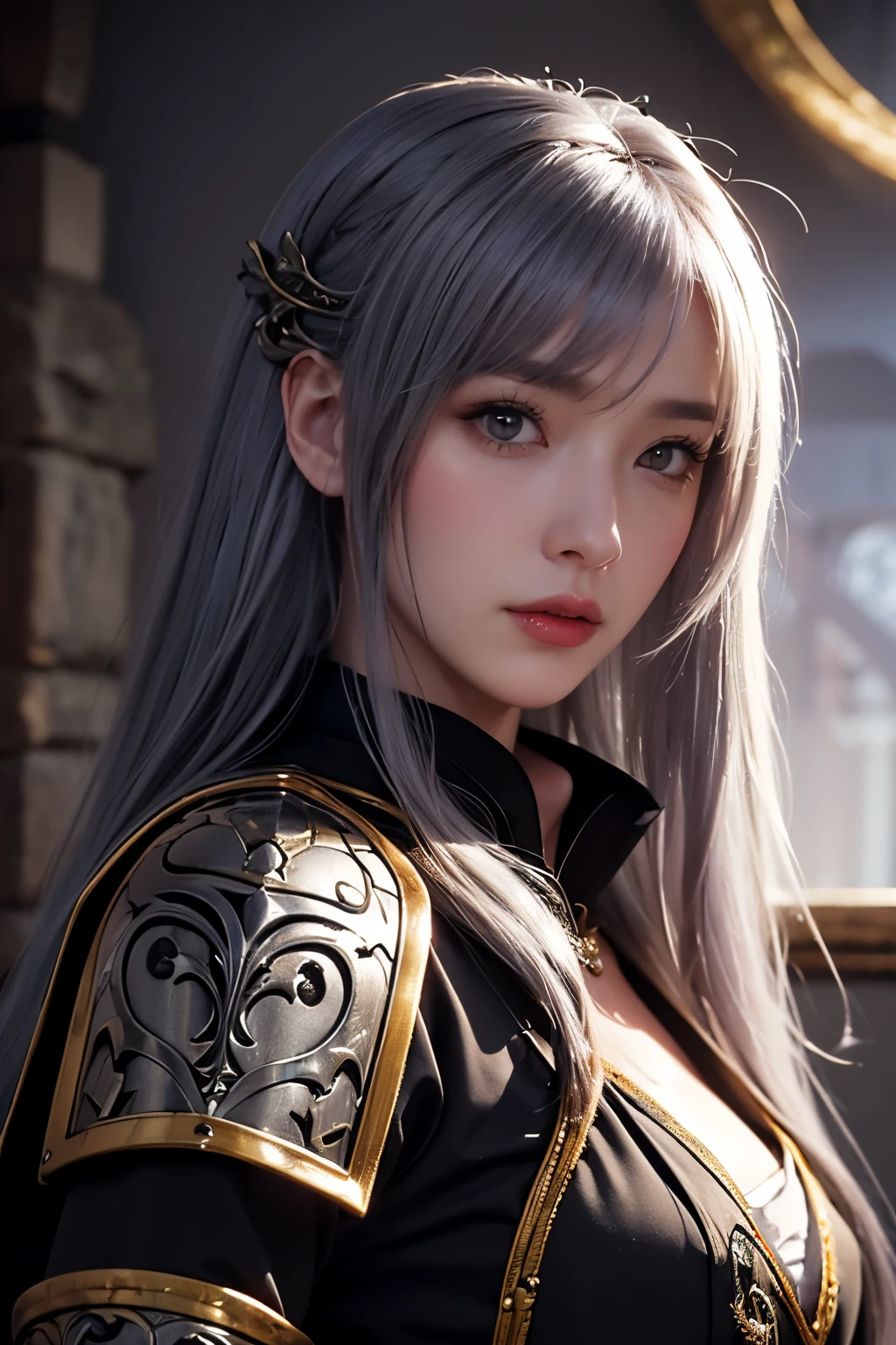 tmasterpiece，Best quality at best，A high resolution，8K，((Portrait))，(Head close-up)，Original photo，real photograph，digital photography，(Female adventurers in the medieval fantasy style)，(Magic Warriors in the Fantasy World)，18-year-old girl，(Hair gradients of black and red)，The purple随机发型，Red eyes，(White and gray gradient long hair，The purple)，(Big breasts)，An extravagant ornament，cparted lips，Keep your mouth shuegant and charming，((Blushing))，haughty contempt，Calm and handsome，(Medieval fantasy combat suit，Joint Armor，Lightweight leather protection，The Beautiful Magic Badge，Medieval armor combined with leather and metal，A delicate pattern，Cloak)，(Woman warrior)，Photo pose，medieval characteredieval fantasy style，rainy days，Lightning，forest backgrou，oc render reflection texture