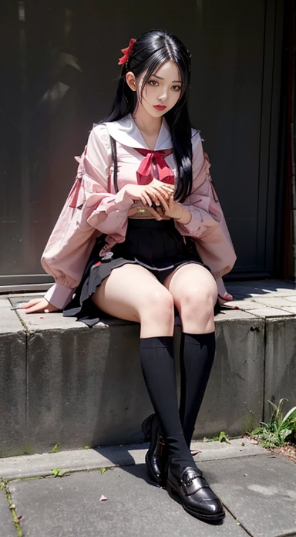 camellia, flower, red_flower, red_rose, rose, katana, 1girl, pink_rose, pink_flower, spider_lily, shoes, long_hair, school_uniform, serafuku, sheath, skirt, solo,  sheathed, vase, looking_at_viewer, sitting, orange_flower, pleated_skirt, rose_petals, black_shirt, black_legwear, black_skirt, hibiscus, very_long_hair, parted_lips, loafers, sailor_collar, black_hair, neckerchief