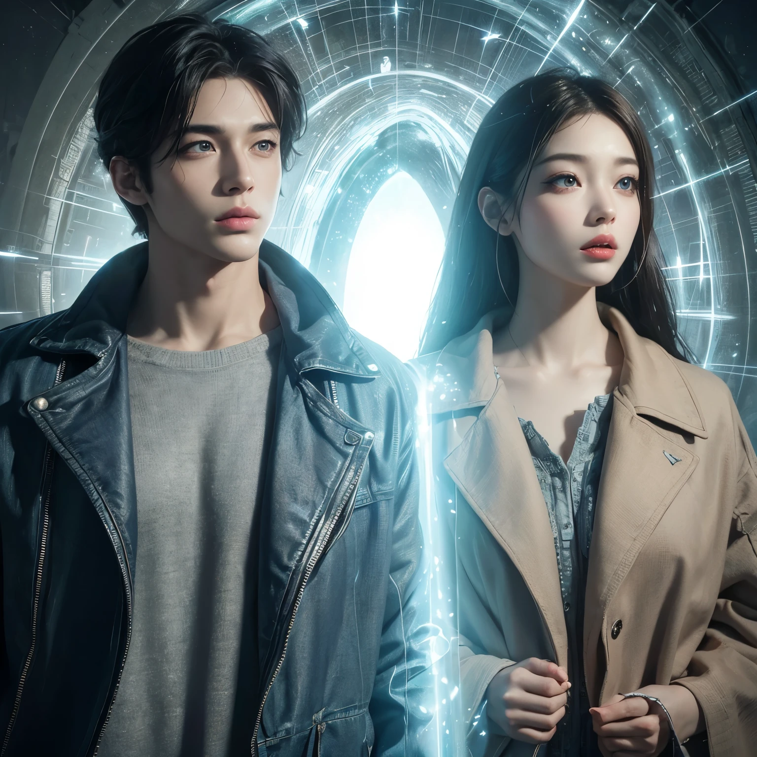 Two beautiful men and women. Beautiful double eyes. The bridge of my nose. Well-shaped lips. A masterpiece. modern clothing. The two are about to teleport, and a bluish-white luminous portal appears behind them that leads to another dimension. 8K image quality.