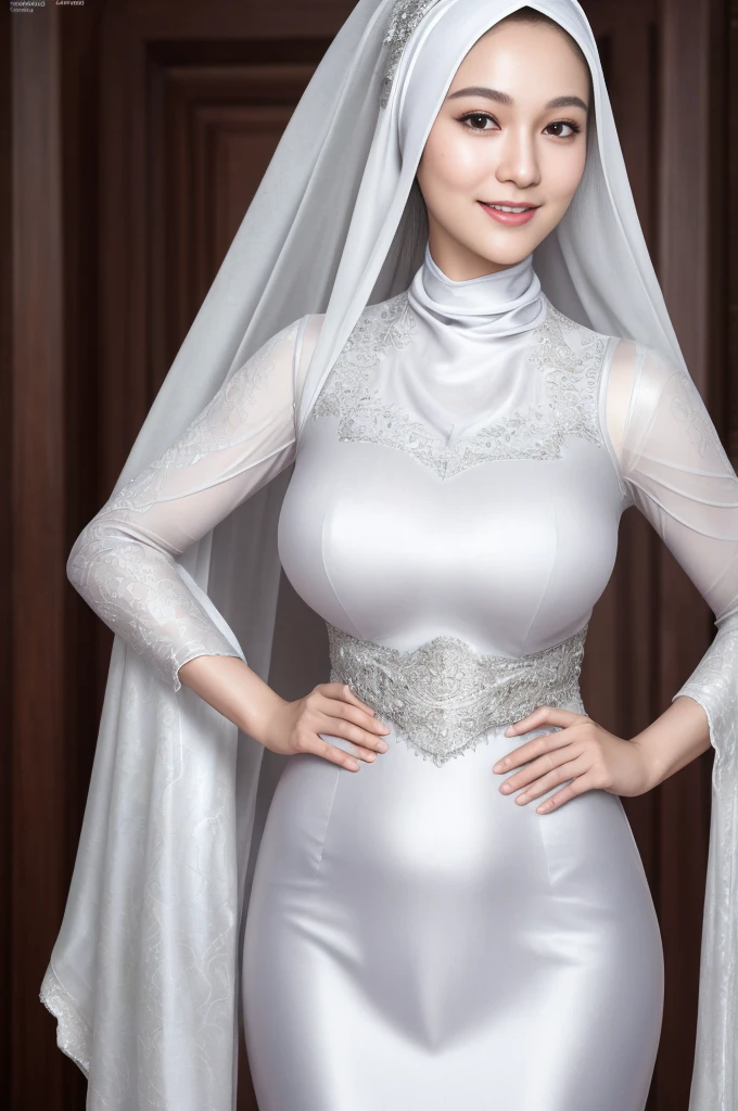 (RAW photo:1.2), (photorealistic:1.4),(masterpiece:1.3),(best quality:1.4),ultra high res,(detailed eyes),(detailed facial features),(detailed clothes features),HDR,8k resolution, skin tight, (((high detailed skin,visible pores))), dreamlike,  (ulzzang-6500-v1.1:0.5),pureerosface_v1:0.2, face close-up, 1 girl,tall, 30 yo, gigantic breast,  wearing tight close white silver silk malay gamis with hijab, full body, smile,  luna maya,  wearing high heels