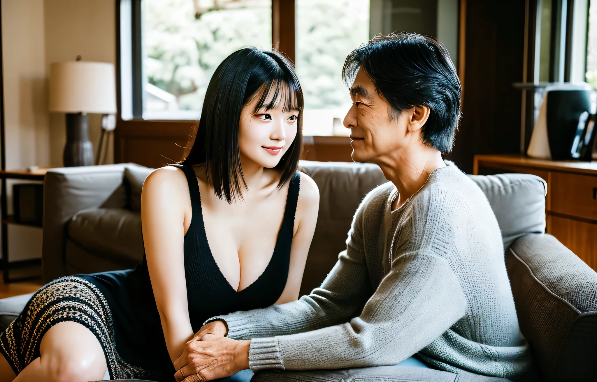 With a 60-year-old white-haired Japanese man wearing a suit.、A couple of 20-year-old black-haired, big-breasted beautiful Japanese women wearing knitted dresses.、well-lit living room、Arms crossed、Looking at the camera、high-level image quality