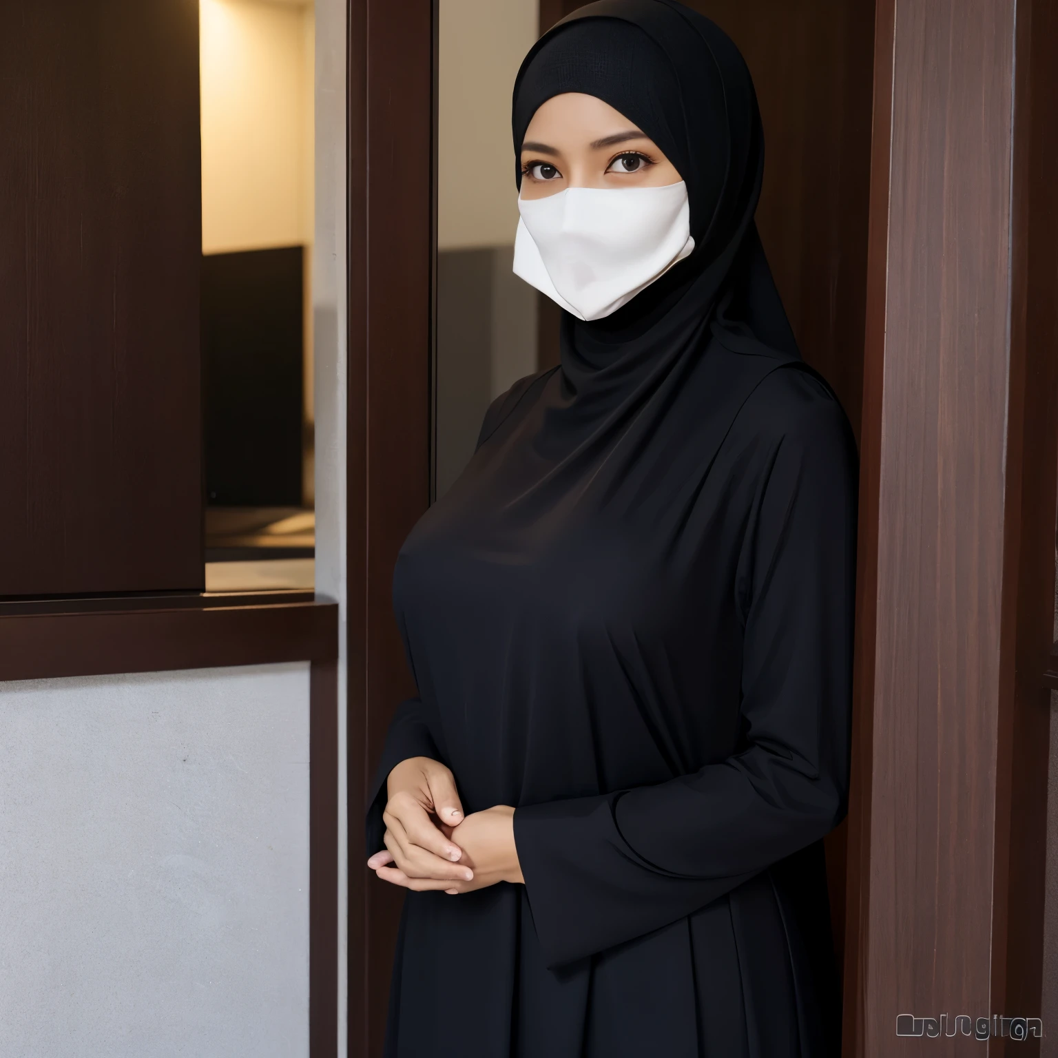 52 years Old, Hijab Indonesian mature woman, Large Tits : 96.9, Niqab, Tight Gamis, Slim body, Breast about To burst out, at Office, Dark light, at Nighttime