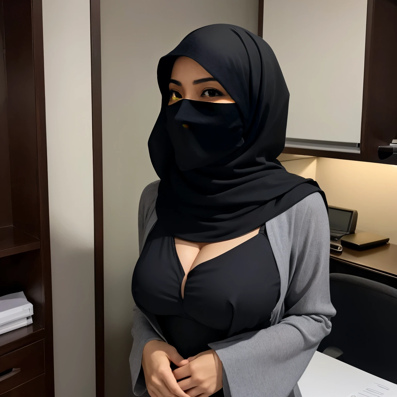 52 years Old, Hijab Indonesian mature woman, Large Tits : 96.9, Niqab, Tight Gamis, Slim body, Breast about To burst out, at Office, Dark light, at Nighttime