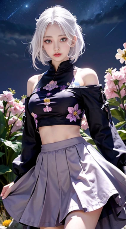 realistic, 1girl, white hair, purple eyes, glowing eyes, crop top, skirt, parted lips, blush, night, flowers, sun, sunlight,