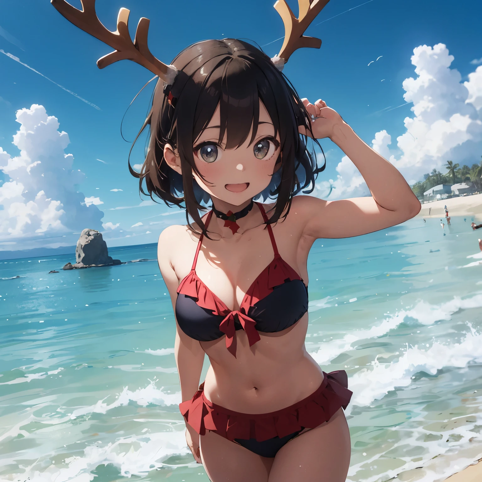 high-level image quality、hightquality、4K,8K,「A cute girl wearing reindeer-themed clothes is on the beach。She is wearing a bikini inspired by reindeer colors and designs。.、he has small horns on his head。Her expression looks happy and playful。Christmas decorations are scattered on the beach.、The deep blue sky and sea in the background.。This scene is、Captures the festive and bright holiday atmosphere。。」