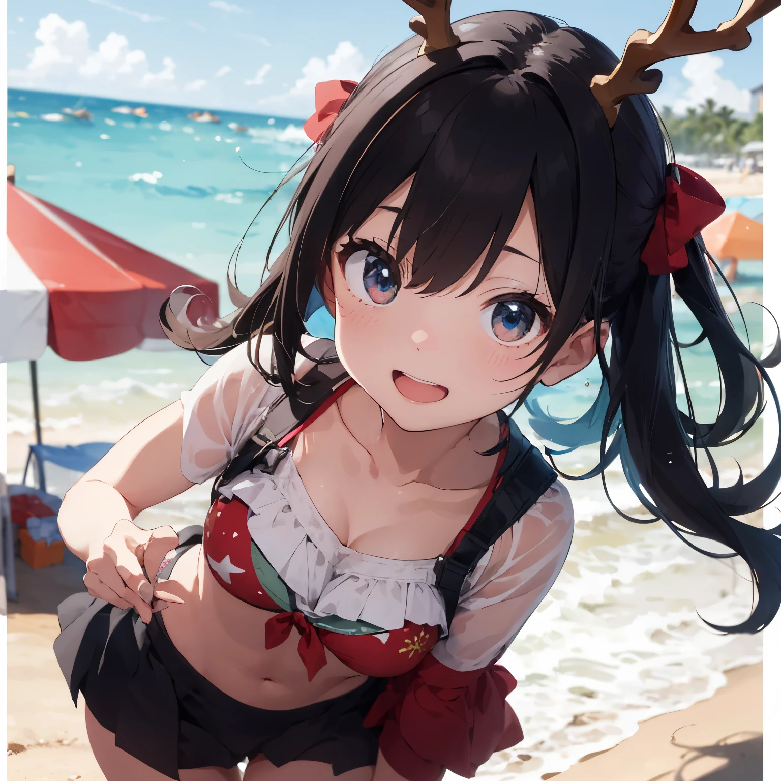 high-level image quality、hightquality、4K,8K,「A cute girl wearing reindeer-themed clothes is on the beach。She is wearing a bikini inspired by reindeer colors and designs。.、he has small horns on his head。Her expression looks happy and playful。Christmas decorations are scattered on the beach.、The deep blue sky and sea in the background.。This scene is、Captures the festive and bright holiday atmosphere。。」