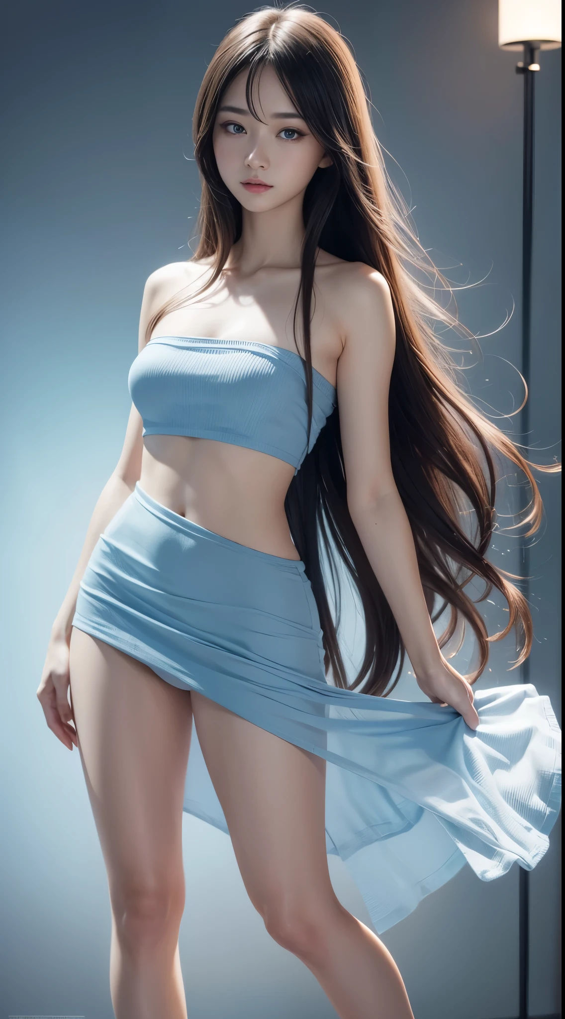 (ultra real), (full body), (high resolution), (8K), (very detailed), (best illustration), (beautiful and detailed eyes), Japanese girl, straight hair, flowing hair, wearing light blue strapless t-shirt