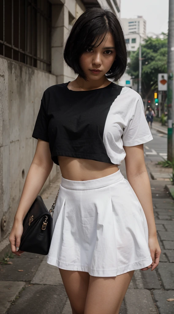 Masterpiece , a girl , black short hair , white shirt , black skirt , jakarta city