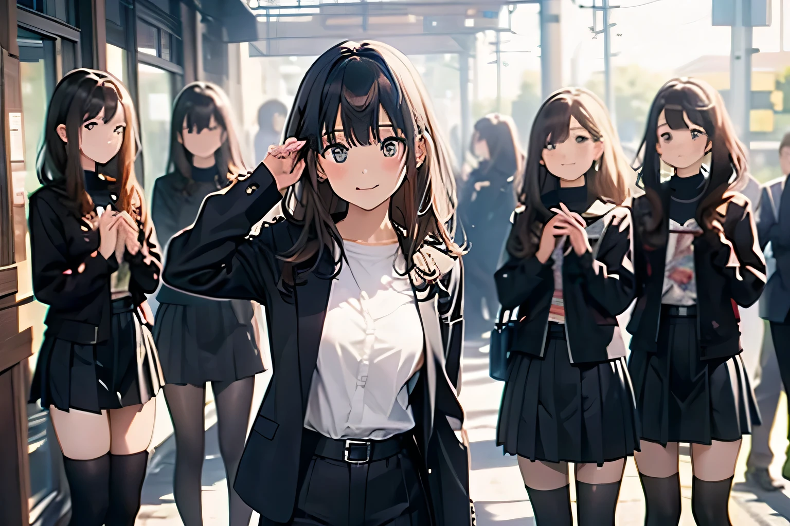 Brown hair、watching at viewers black suspenders bulging big tits walls: Black miniskirt garters Gaze a small face bangss holster Beautuful Women Hands up レッグholster ベッドに横たわる Gaze black boots panty shot Provocation flank flank汗 Soio black suits Black jacket Black pants White cutter shirt