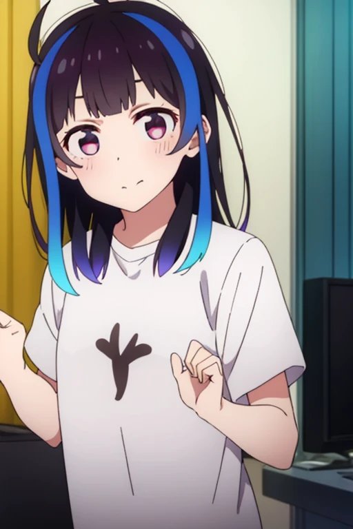 Xiao Mori, Mini Hatsusen, long whitr hair, By bangs, brunette color hair, Blue hair, (a purple eye:1.1), Colorful hair, blunt By bangs, Striped hair, ahoge, BREAK BREAK BREAK shirt, white shirt, short- sleeved, Clothes writing, BREAK BREAK BREAK looking at viewer, BREAK BREAK BREAK indoors, BREAK BREAK BREAK (tmasterpiece:1.2), Best quality at best, A high resolution, Unity8k wallpapers, (illustratio:0.8), (美丽细致的眼睛:1.6), Extremely detailed face, perfect litthing, extremely detremely detailed CG, (Perfect hands, perfect anatomia),