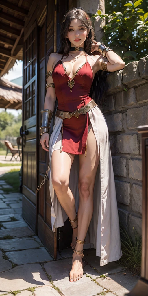 full body, female slave barefoot, Solo, female, (red skin), linen tunic, fantasy village, muscular, armor, slave outfit, armor, slave, bracers, shackles, choker