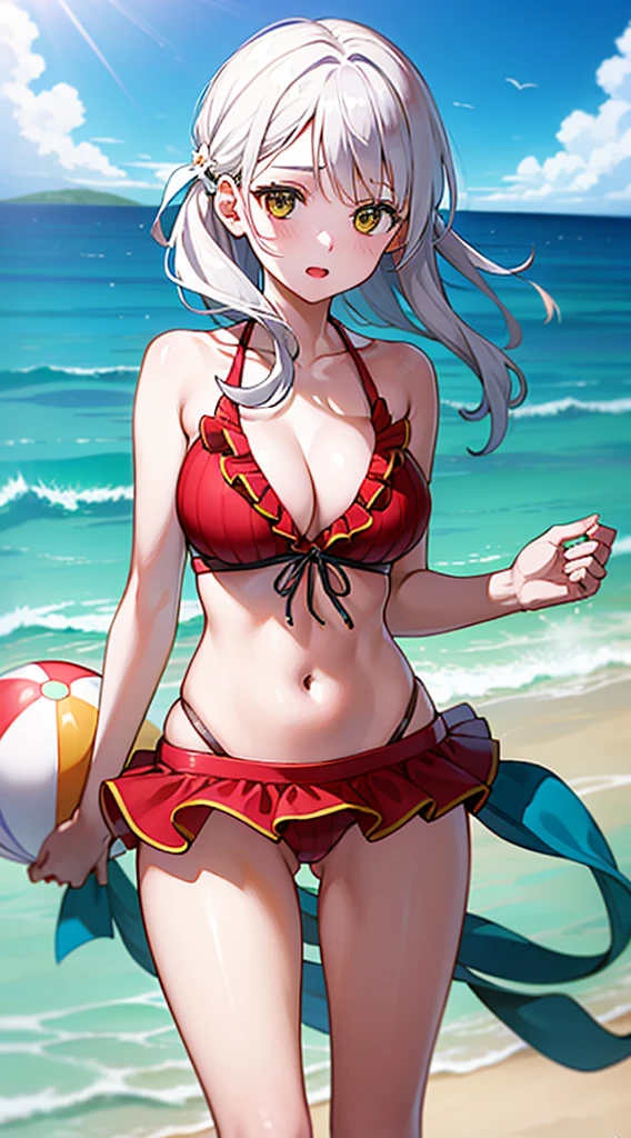 masterpiece, best quality, 1 solo girl, white hair, yellow eyes, short hair, medium breasts, mature body and face, wavy hair, white bikini, scarf, beach, white sand, beach ball, summer, leg up, cowboy shots, detailed body, face, and eyes, sharp focus, vibrant, creative, dynamic, high definition, high resolution, 8k, (Upscale: R-ESRGAN 4x+ Anime6mage enchance:4x), voluptuous body