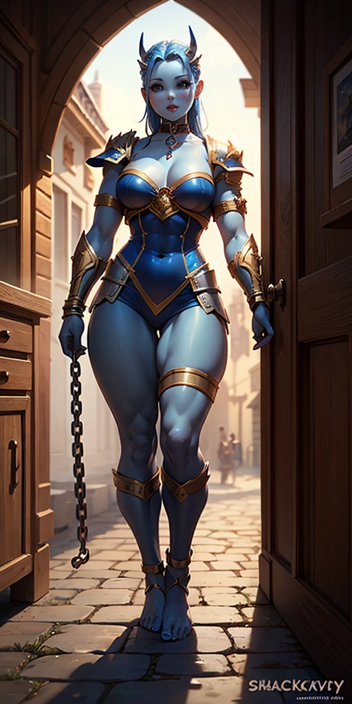 full body, female slave barefoot, Solo, female, (blue skin), fantasy village, muscular, armor, slave outfit, armor, slave, bracers, shackles, choker