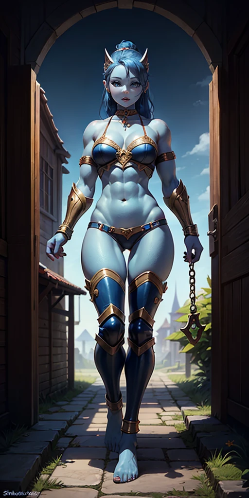 full body, female slave barefoot, Solo, female, (blue skin), fantasy village, muscular, armor, slave outfit, armor, slave, bracers, shackles, choker