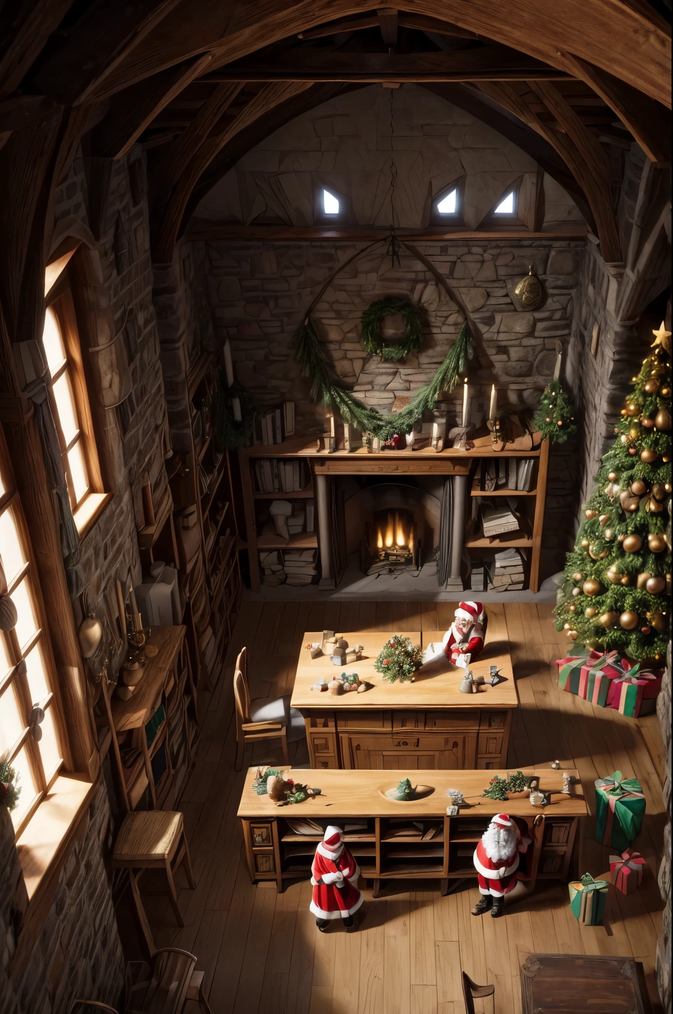 a Santa's Medieval period workshop, vaulted stone roof, stained glass panels, christmas trees, shelves of toys and present boxes, some faintly glowing, a workable with complex distilling mechanism, christmas theme decoration, ((Santa Claus poses in the middle of room proudly watching the scene)), odd stones, parchments, magic, fantasy, ((perfect high detailed image)),more detail XL