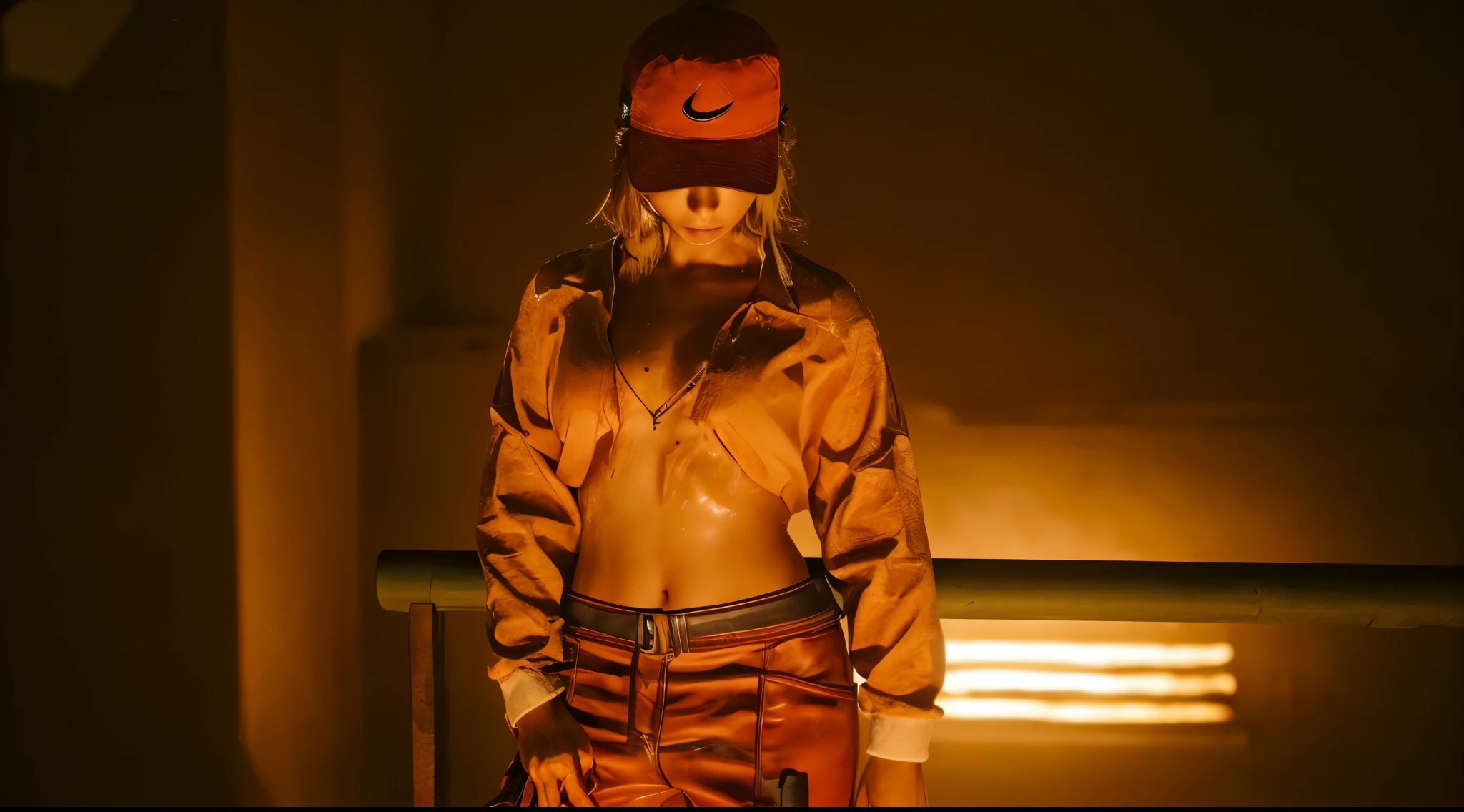 Blonde girl,cap,wet body,Sweaty, navel