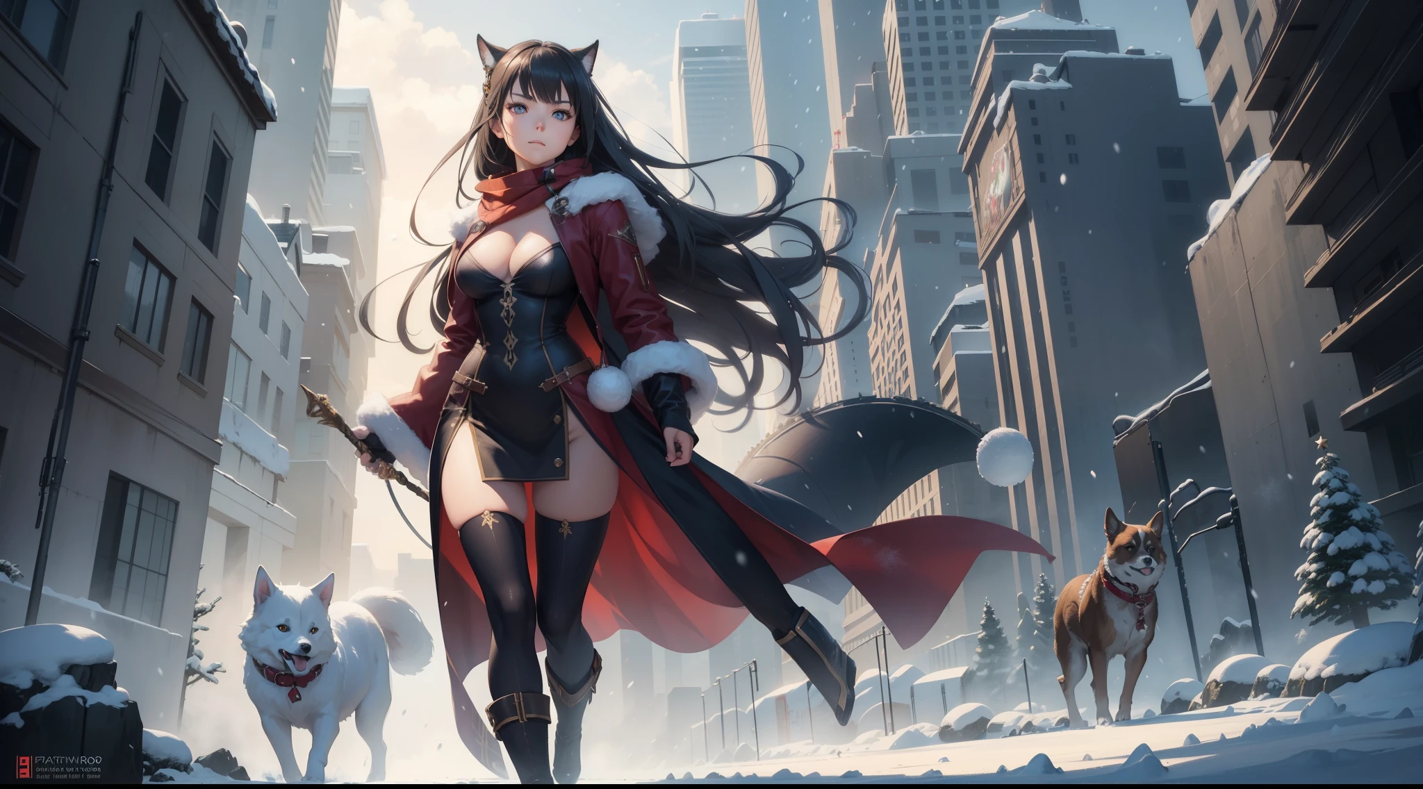 full body portrait of a photo realistic beautiful girl, 1 girl, 1 dog, facing forward, waifu, flowing hair, short seductive winter christmas clothing, big beautiful flirtateous open eyes, standing straight, image must include a cute small dog, cinematic lighting, winter christmas background, highly detailed, digital painting, trending on artstation, pixiv, concept art, sharp focus, illustration, art by ross tran and wlop, Glowing eyes, Best quality, good lighting, large breasts with cleavage, seductive face, Masterpiece