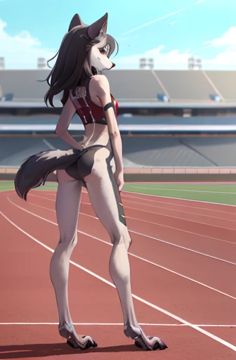 girl, wolf, anthro, slender, furry arms, (serious expression), ((Protruding hip bone)), robotic digitigrade legs and feet, furry tail, ((protruding rib bones)), track and field, lace track outfit, focus on rear, bending over, view from behind,