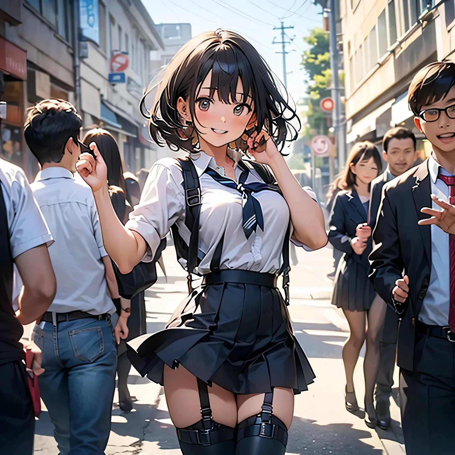 Brown hair、watching at viewers　　　black suspenders　　　bulging big tits　　 　 　　　walls: 　Black miniskirt　garters　　　　　　Gaze　　　a small face　bangss 　　　holster　　　Beautuful Women　　Hands up　　レッグholster ベッドに横たわる　　Gaze 　black boots panty shot　Provocation　flank　flank汗　Soio 　black suits　　Black jacket　Black pants　White cutter shirt