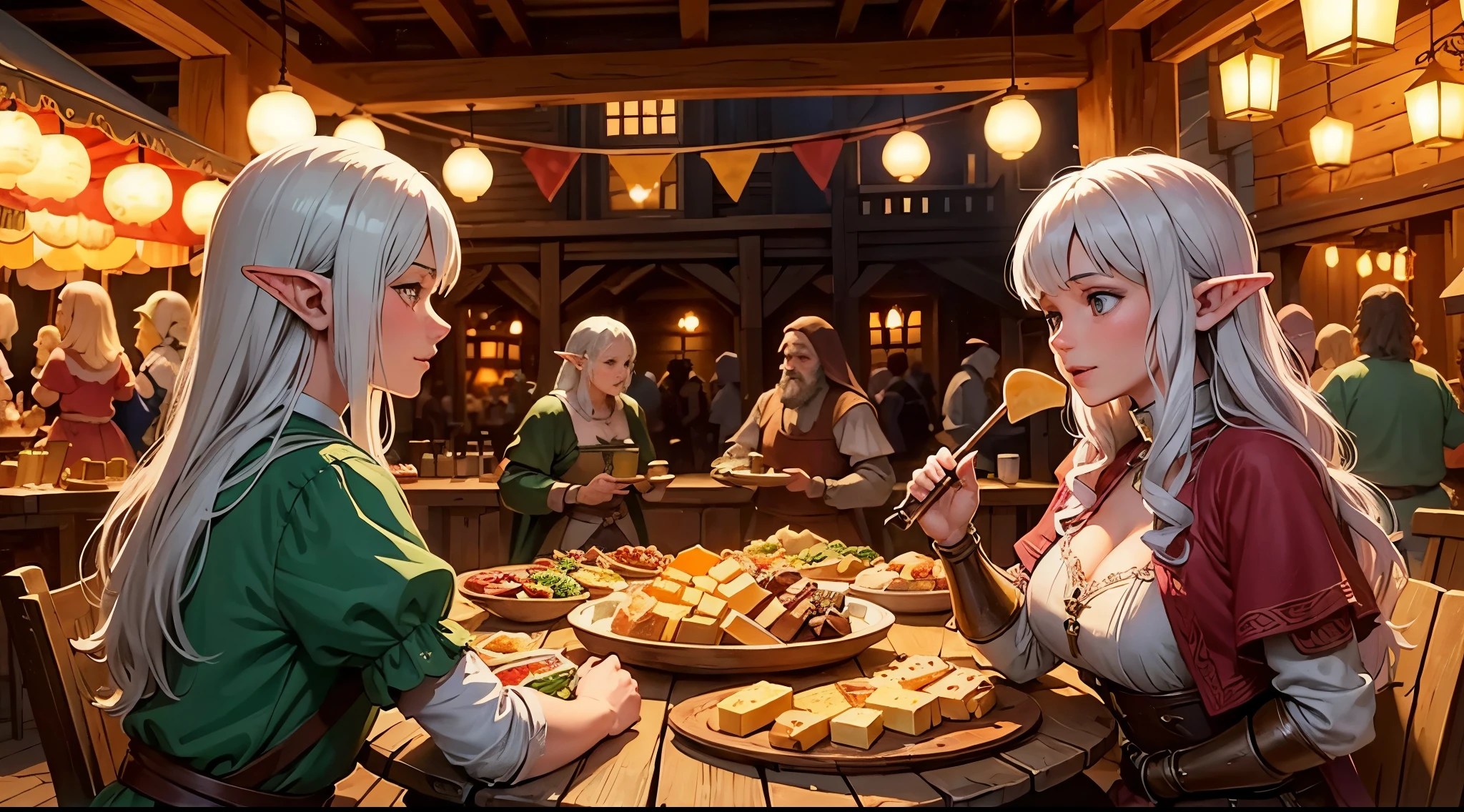 A large medieval fantasy tavern that specializes in lots of different cheeses. In a colorful medieval market, populated by humans, elves, dwarves, and orcs. Like a scene from Howl's Moving Castle. Highly detailed. Friendly.
