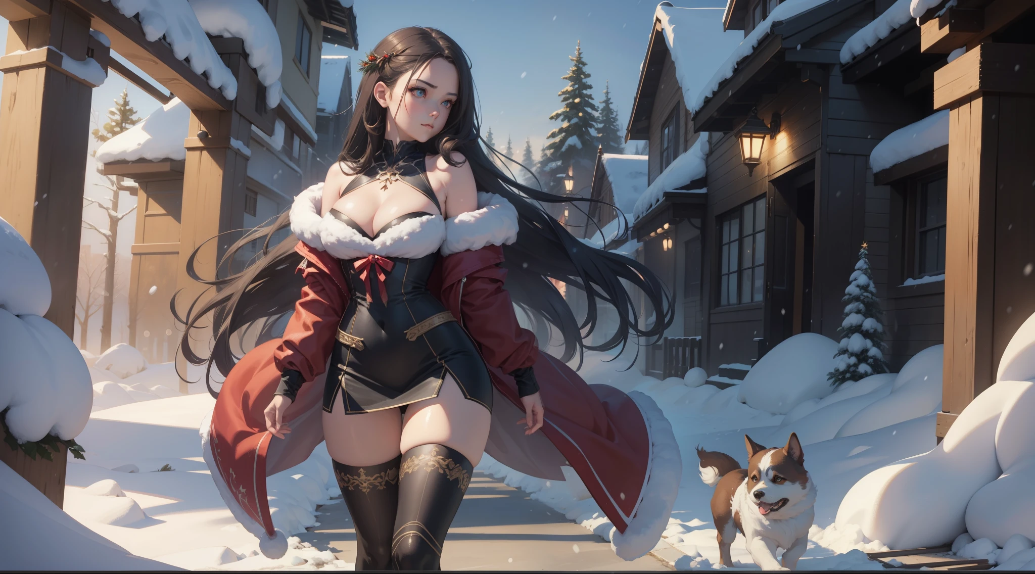 full body portrait of a photo realistic beautiful girl, facing forward, waifu, flowing hair, short seductive winter christmas clothing, big beautiful flirtateous open eyes, standing straight, includes a cute small dog, cinematic lighting, winter christmas background, highly detailed, digital painting, trending on artstation, pixiv, concept art, sharp focus, illustration, art by ross tran and wlop, Glowing eyes, Best quality, good lighting, large breasts with cleavage, seductive face, Masterpiece