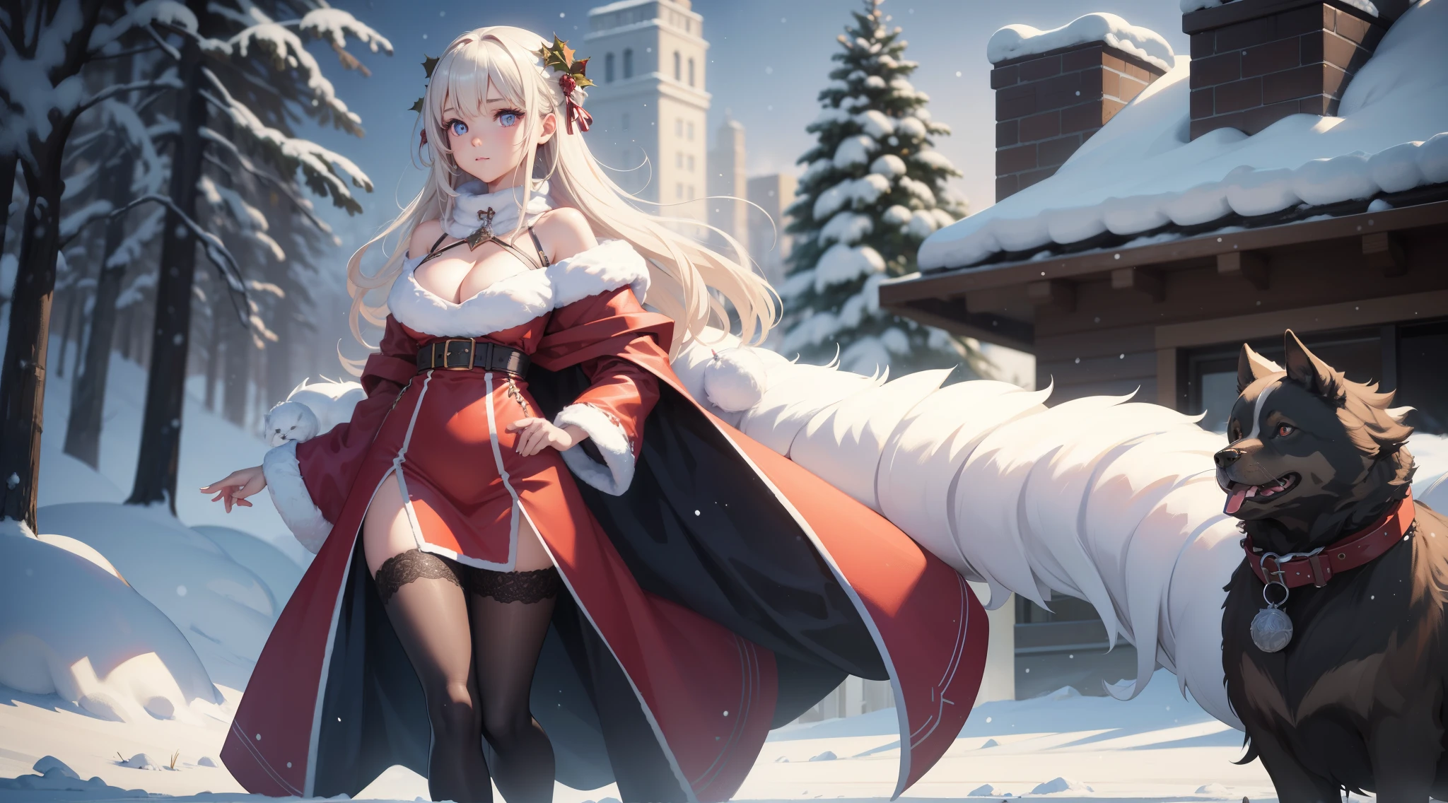 full body portrait of a photo realistic beautiful girl, 1 girl, facing forward, waifu, flowing hair, short seductive winter christmas clothing, big beautiful flirtateous open eyes, standing straight, cinematic lighting, winter christmas background, highly detailed, digital painting, trending on artstation, pixiv, concept art, sharp focus, illustration, art by ross tran and wlop, Glowing eyes, Best quality, good lighting, large breasts with cleavage, seductive face, Masterpiece, image must include a cute small dog