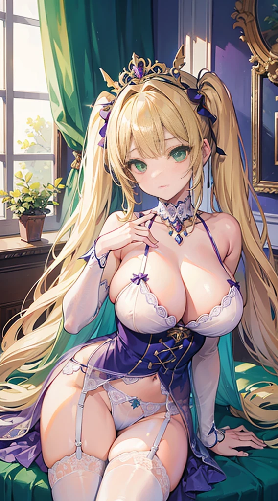 high quality, masterpiece, ultra-detailed, 1girl, solo, peaceful expression, beautiful, shiny skin, long curly blonde hair, twintails, enchanting green eyes, headress, purple lingerie, garter belt, garter straps, white stockings, choker, ridiculously large breasts, bedroom