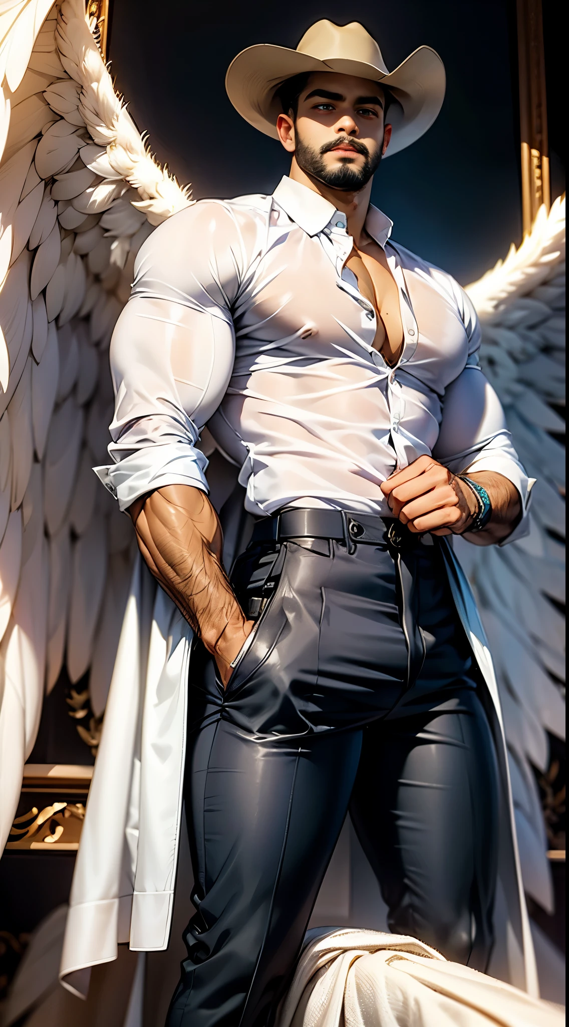 (best quality,ultra-detailed,realistic:1.37), Daegan Tronos Character(1), handsome, dark skin, dark-tanned, perfect wings angel, symmetrical wings,blue eyes,small beard, medium-long haircut,casual outfit, country shirt, long plaid shirt, trench coat, man stance, attractive,vibrant colors, cowboy hat, alabama man's outfit, fight punch pose, epic wallpaper.