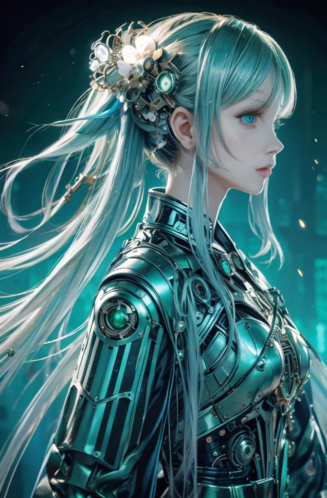 8K, quality, A high resolution, realistically, True humans、((tmasterpiece)), ((quality)), (the ultra-detailed), ((hight contrast)), (a high chroma), (beautiful emerald green,Delicate and beautiful)), (nice hand), ((perfect hand)), (mechanical cyber city in background), The city of the future, 夏天, external, girl, Medium hair, redheadwear, asymmetricalbangs, beautiful detailed Glass hair, eBlue eyes, machinery suit, ((shining body)), (非常shining body), scavenging, jewely、ornament detached、一个a gorgeous、Rich cleavage、a gorgeous、Light spreads throughout the body、Brightness of illumination、Roberto、Cyborg、Android、tightsuit