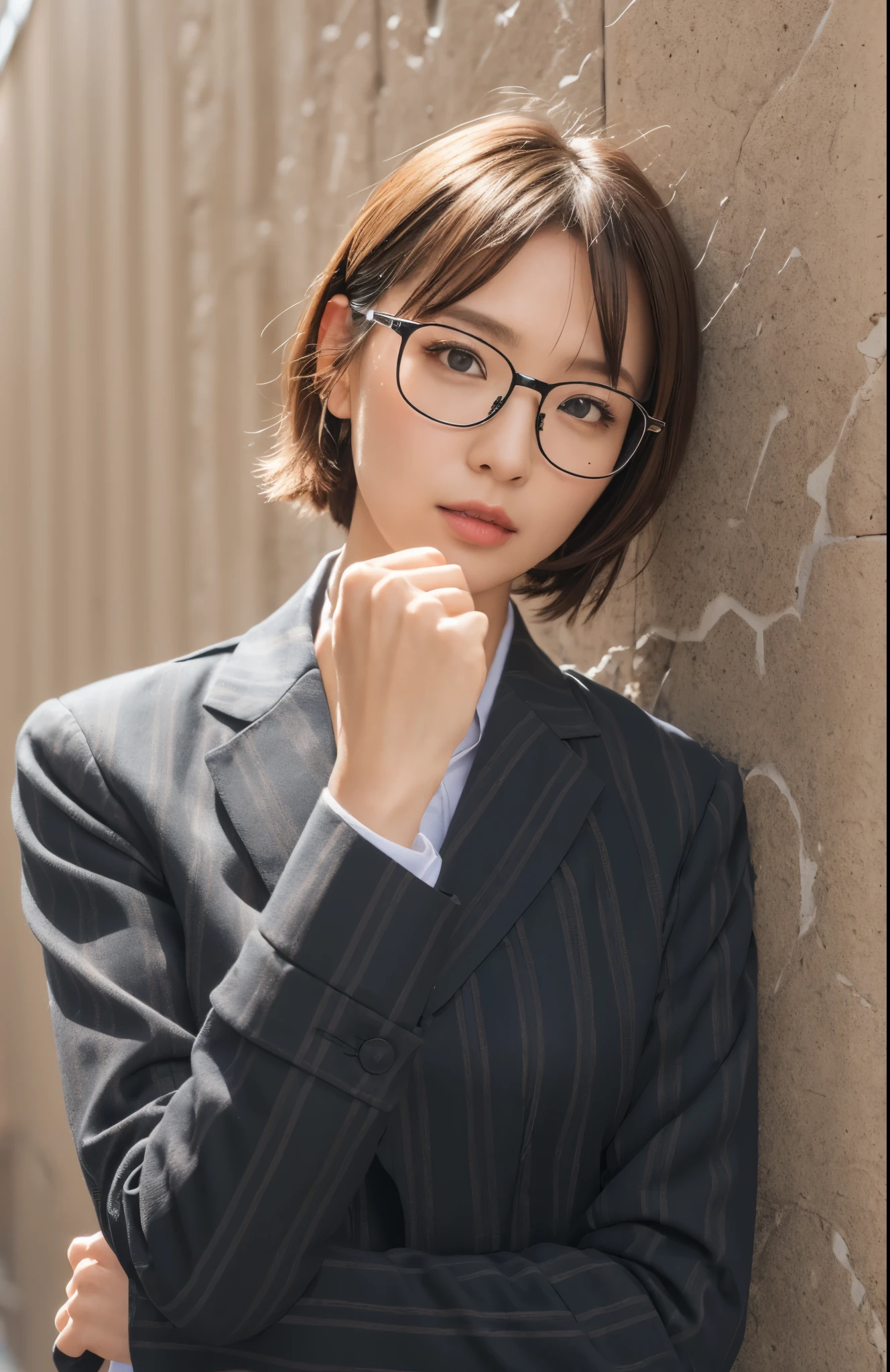 (masutepiece), A sexy、Natural light, Photorealistic, Cameltoe, diffuse glow, depth of fields, big eye、profetional lighting、Wearing glasses、Short Bob、black suits、Right thumbs up、The background is in the city、
