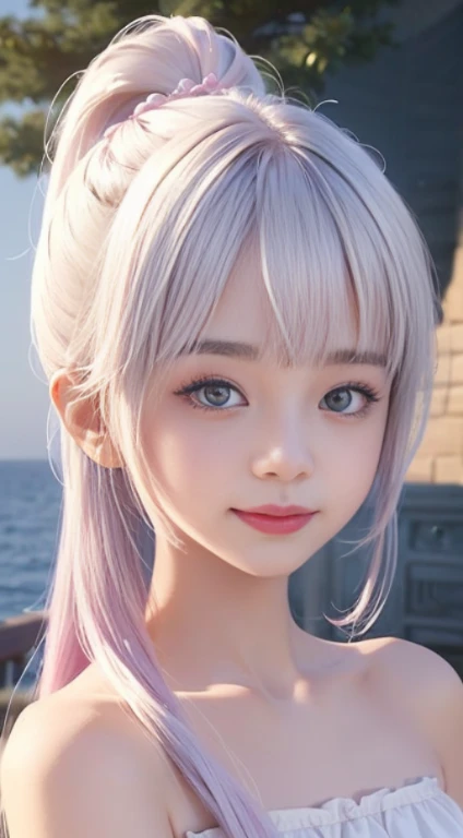 Best quality at best,tmasterpiece,Extremely Delicately Beautiful,The content is very detailed,CG,gatherings,8k wallpaper,An Astonishing,depth of fields,1 little Chinese girl,Play by the sea,7 year old Chinese child,Very cute look,Innocent,delicate skin,Flawless Face,plain face,White hair,mid - length hair,high ponytails,There are two strands of white hair on both sides of the ears,Wear pink hair accessorielue color eyes,Elaborate Eyes,Eyes sparkle,laughing very happily