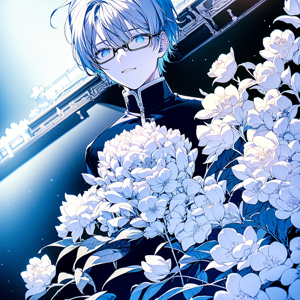 Snowflakes fall in the air,Gothic castle outside,Winter nights,Silver-haired boy,A person walking in the rose garden in the city,tree covered with snow,Efeito de Luz,There is a white piano next to you,Close up golden British style glasses,Aurora night sky,Best Picture Quality,4K,Light and shadow rendering