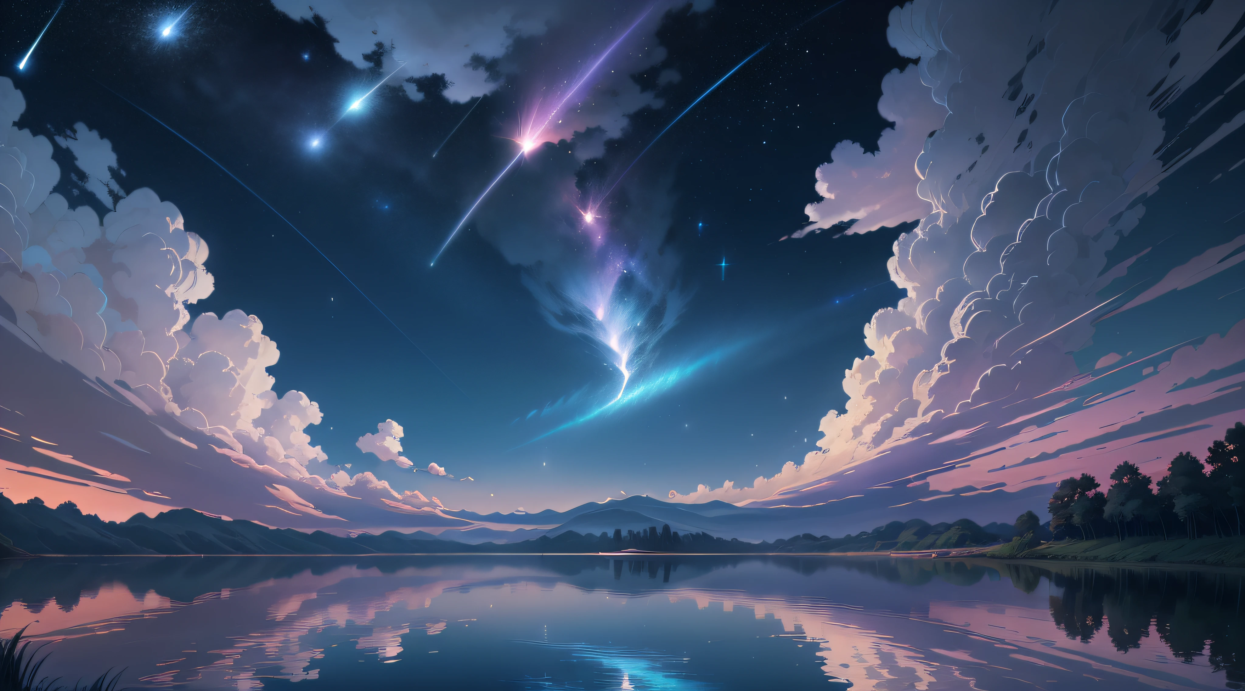 Shooting a painting of shooting stars over the lake, there are two shooting stars, pink and blue shooting stars. The blue sky, the pink-purple lake surface, has a layered color transition. You name it movie style, anime backgrounds, anime movie backgrounds, perfect reflection effects, anime sky, amazing wallpapers, vibrant colors, vibrant colors, bright colors. You name it, colorful anime movie backgrounds, anime clouds, no houses, no buildings, no humans. There are no ships. Beautiful anime scenes, anime background art, cosmic sky. Author: Makoto Shinkai, ufotable art style, anime beautiful peaceful scenes, atmospheric anime