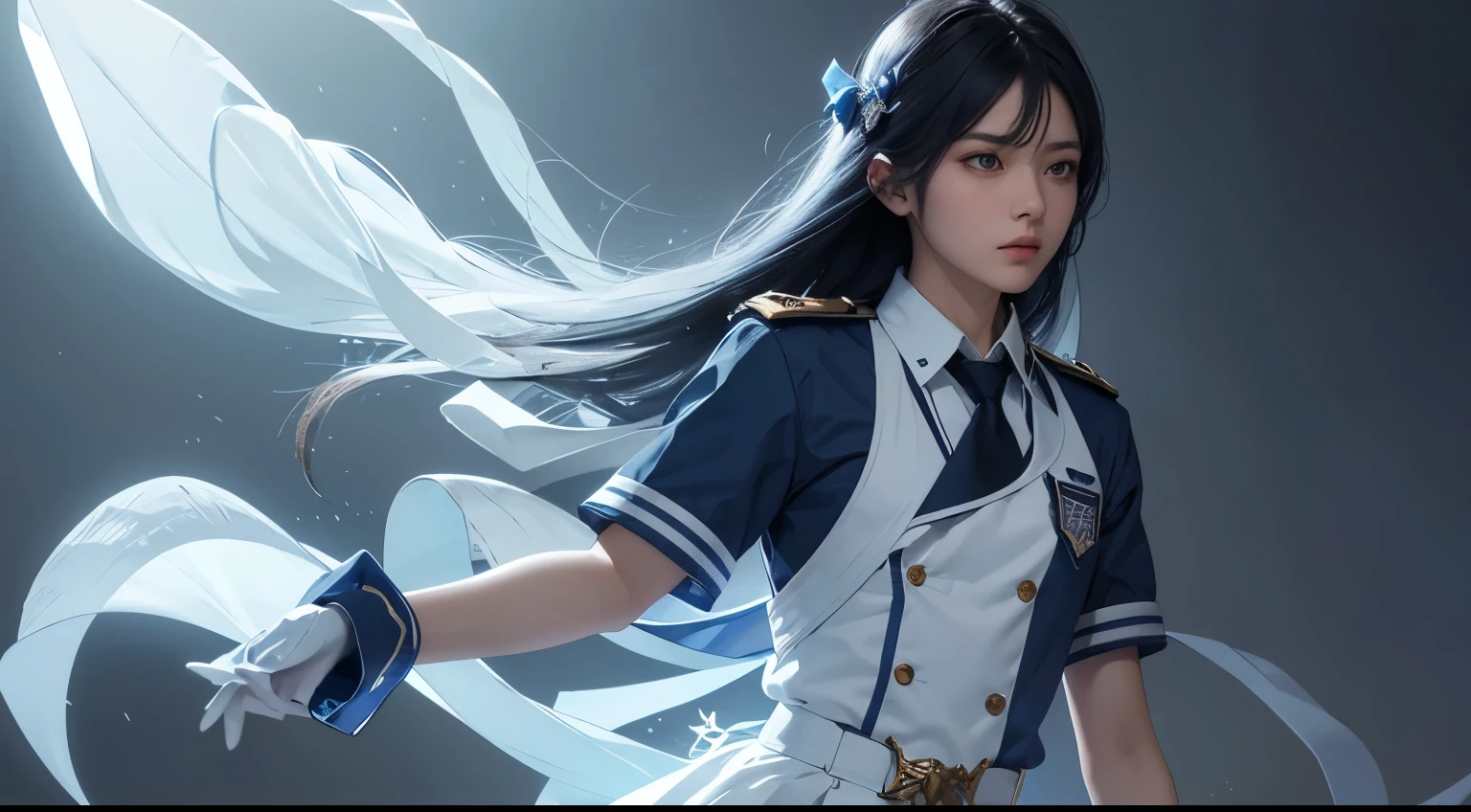 A ghost in the form of blue mist with a Paskibra uniform consisting of a dark blue high-collared shirt with white stripes on the cuffs and waist. On the front there is a shiny Paskibra symbol or emblem in gold or silver. This uniform looks transparent, giving a mystical impression to the ghost's appearance