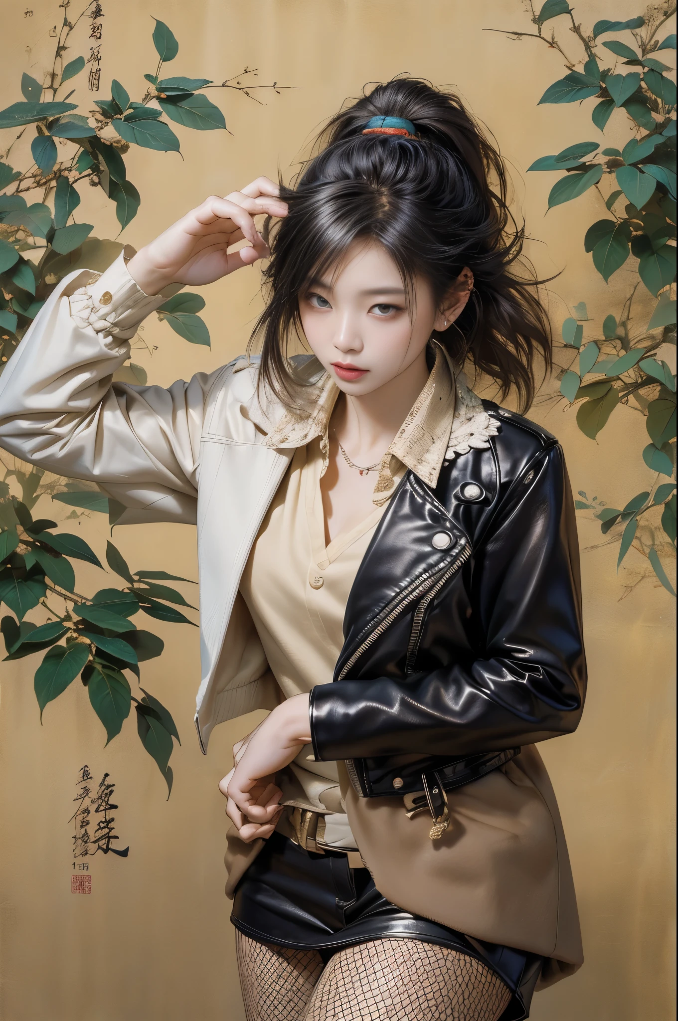 ca, ca美丽清晰's背景:1.2), High detail eyes , scantily clad, Lace, latex, 粉色's, 紫色's, mint, 蓝色's, 's, 薰衣草色's头发, body part piercing, ca, ca, 超细致's头发, tmasterpiece, 最好's品质, high high quality, A high resolution, Detail Enhancement, ((世界上最美丽's形象)), tmasterpiece, 最好's品质, high high quality, A high resolution, Detail Enhancement, ((最美's画面 ), stjepan sejic 's艺术, J·斯科特·坎贝尔's艺术作品, Artist Gilliam March, 刘西默's作品, 4K, A high resolution,high high quality详细, 's风格 ::2.0 comic illustration style,high high quality, A high resolution, Detail Enhancement, 8K, k hd, 最好's品质, high high quality, A high resolution, Detail Enhancement, 8K, HighDynamicRange, Focus sharp, ultra - detailed, 完美's照明, , plumw, 臀部's曲线优美, Rochas, rock star, 凉爽's,Black leather jacket , 's风格, peak, Cat's ears, cool bracelet, collars, 更短's裤子, fishnets pantyhose, Heart print, inner strength,