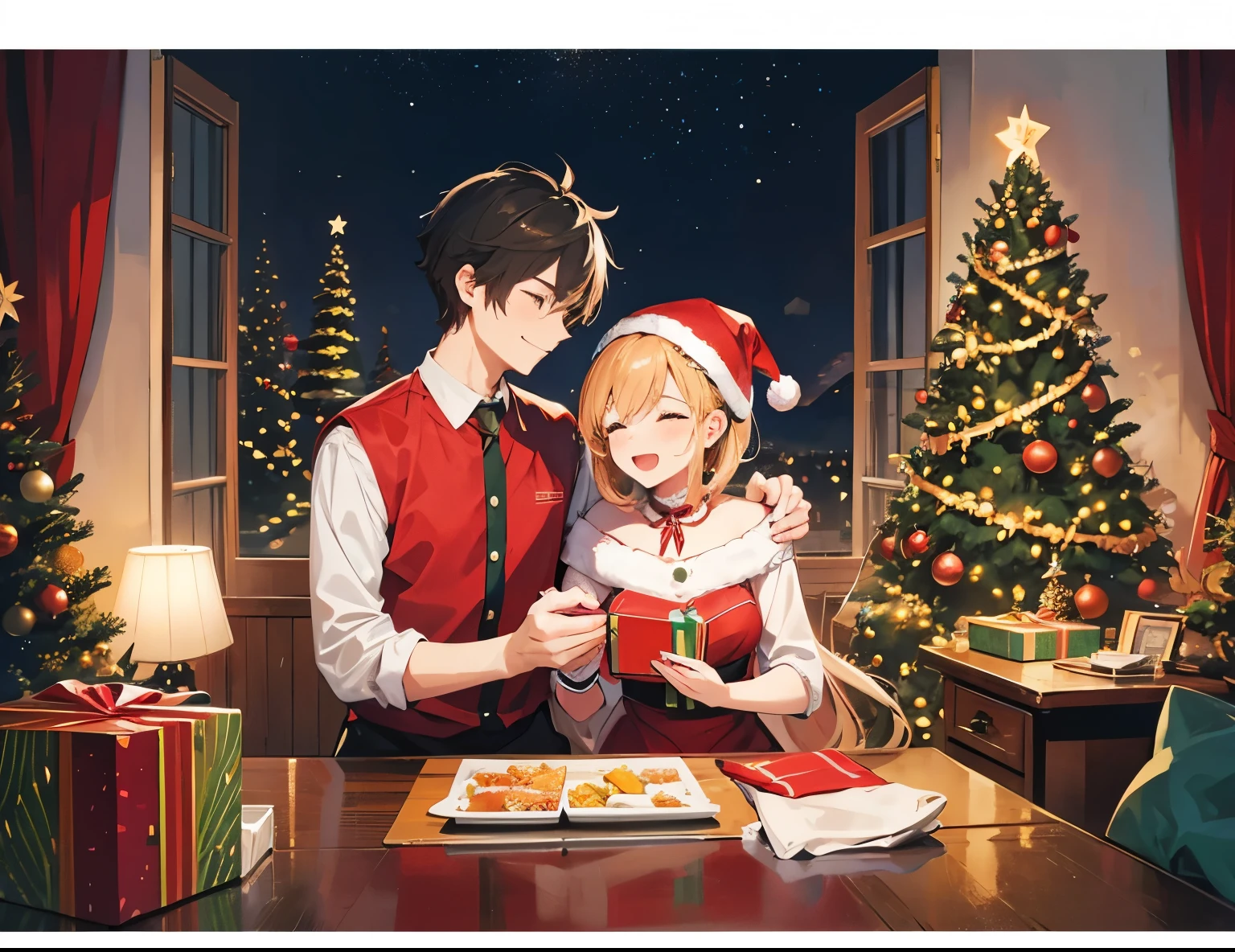 A couple (1male, 1female), Christmas tree, Christmas, gift, laugh, romantic atmosphere, happy atmosphere, landscape