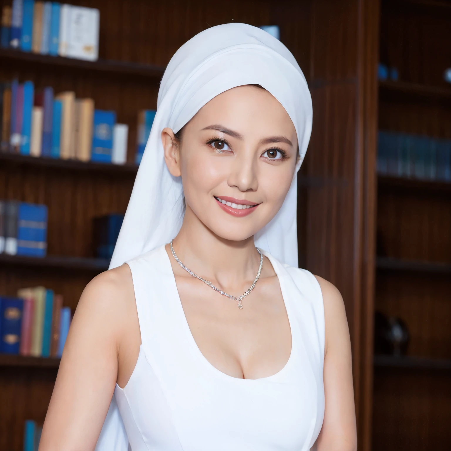 (8k), (photorealistic:1.4),best quality, ultra high res, highly detailed eyes, 1girl, hijab, in library, sexy pose, cleavage cutout, fine cloth