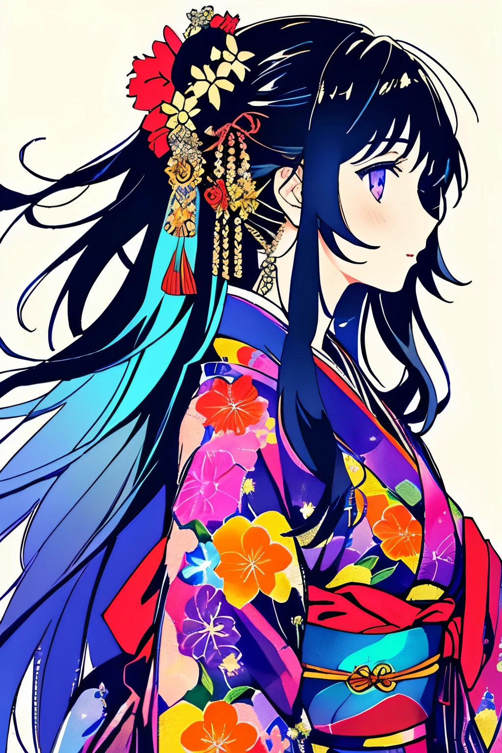 a drawing of a woman with long hair and a flower in her hair, beautiful line art, colorful painting, vivid coloring, colorful kimono, colorful ornaments,