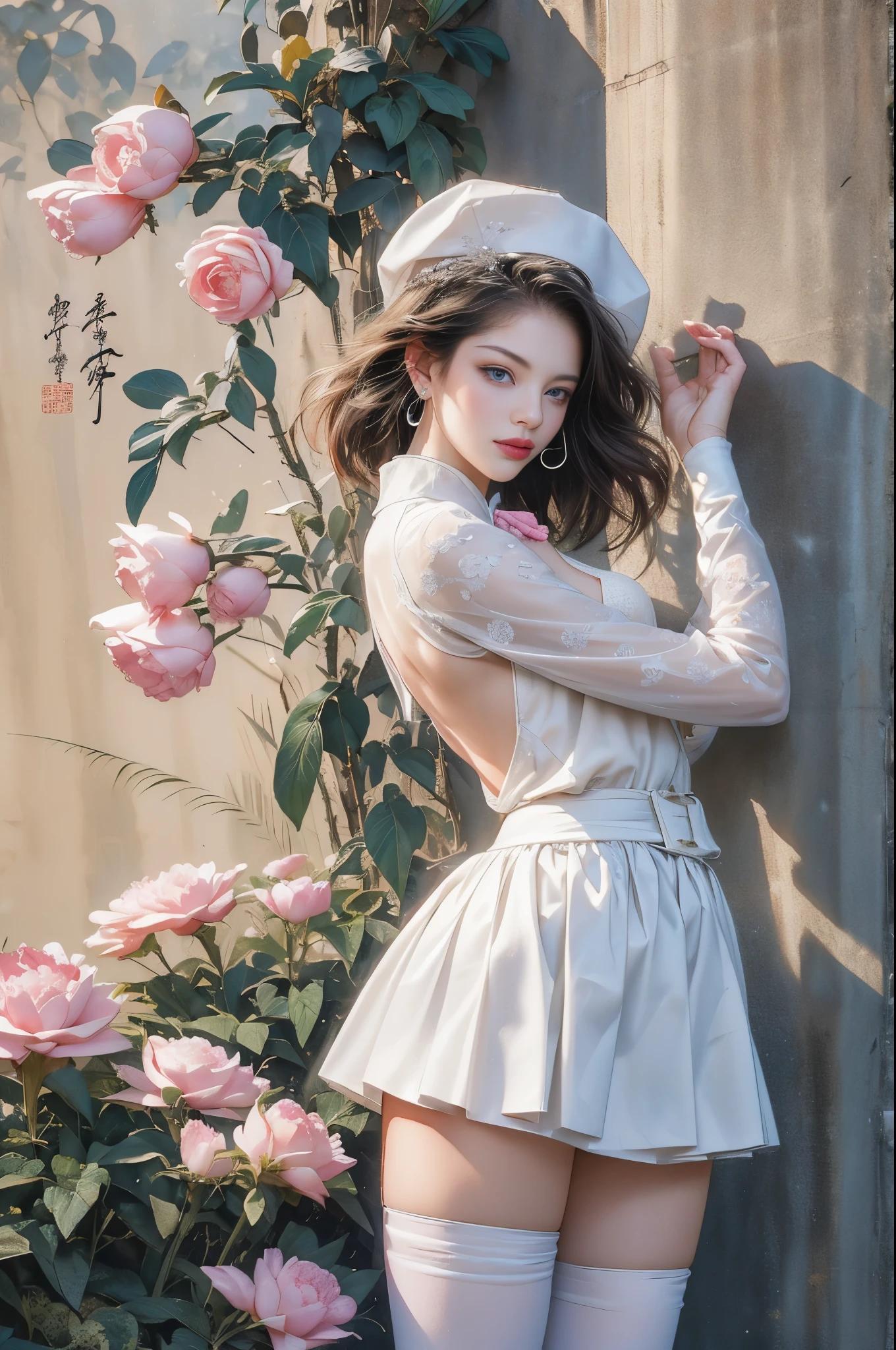 （tmasterpiece，quality，Best quality，offcial art，Beauty and aesthetics：1.2）， 1 lady, nurses, tightsuit, nurses Cap, White sanitary ware, ((White tights, Absolute opportunity)), Tight gloves,no bra， whitegloves, redheadwear, eBlue eyes, Pink lipstick, ssmile, Permanent, Watching from behind, looking back over shoulder at viewer, clear silhouette, short- sleeved, A mature woman, 35yo, 最好的quality, tmasterpiece, infirmary, as shown, middlebreast, outrun, Rain hits the face,  posture, are visible，Very meticulous，（s fractal art：1.1），（One color：1.1）（blooming flower：1.3），Most detailed，（ tangled:1.2), (dynamicposes), (abstract backgrounds:1.3), (Traditional Chinese fabrics:1.2), (Glowing and radiant skin), (Lots of colors:1.4), ,(ear nipple ring:1.4)，（Decorative painting：1.6，）， Lighting,Ink painting and watercolor，ink，water ink，