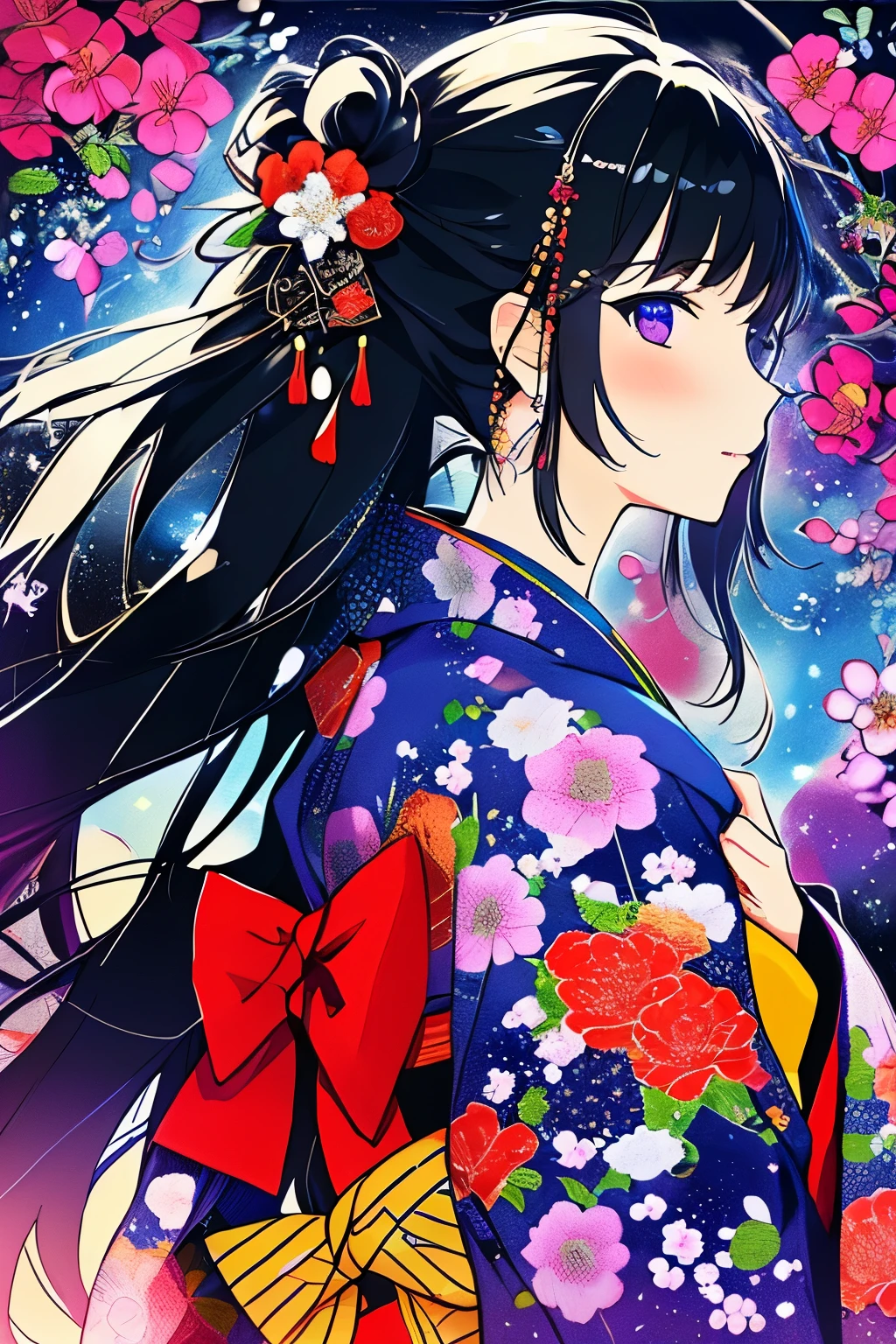 a drawing of a woman with long hair and a flower in her hair, beautiful line art, colorful painting, vivid coloring, colorful kimono, colorful ornaments,