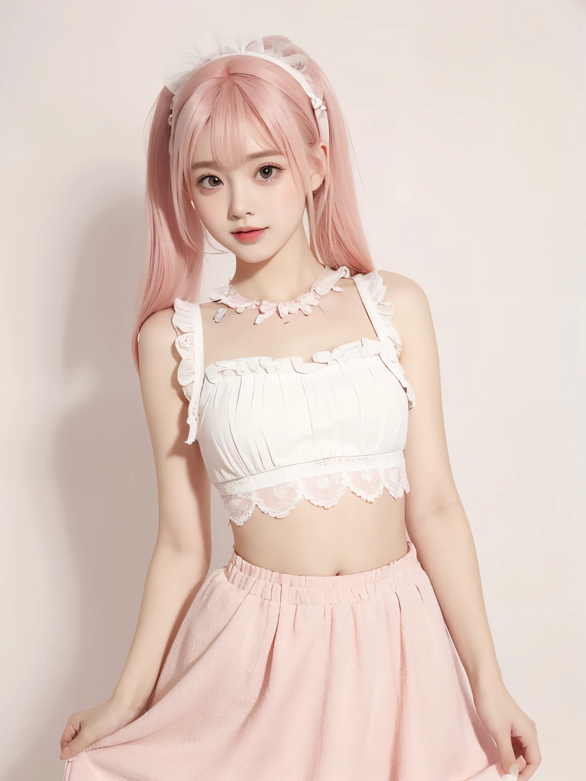 Super delicate and cute girl with pink hair and Lolita skirt. 8K ultra-high image quality, fine texture, with a pure white background.