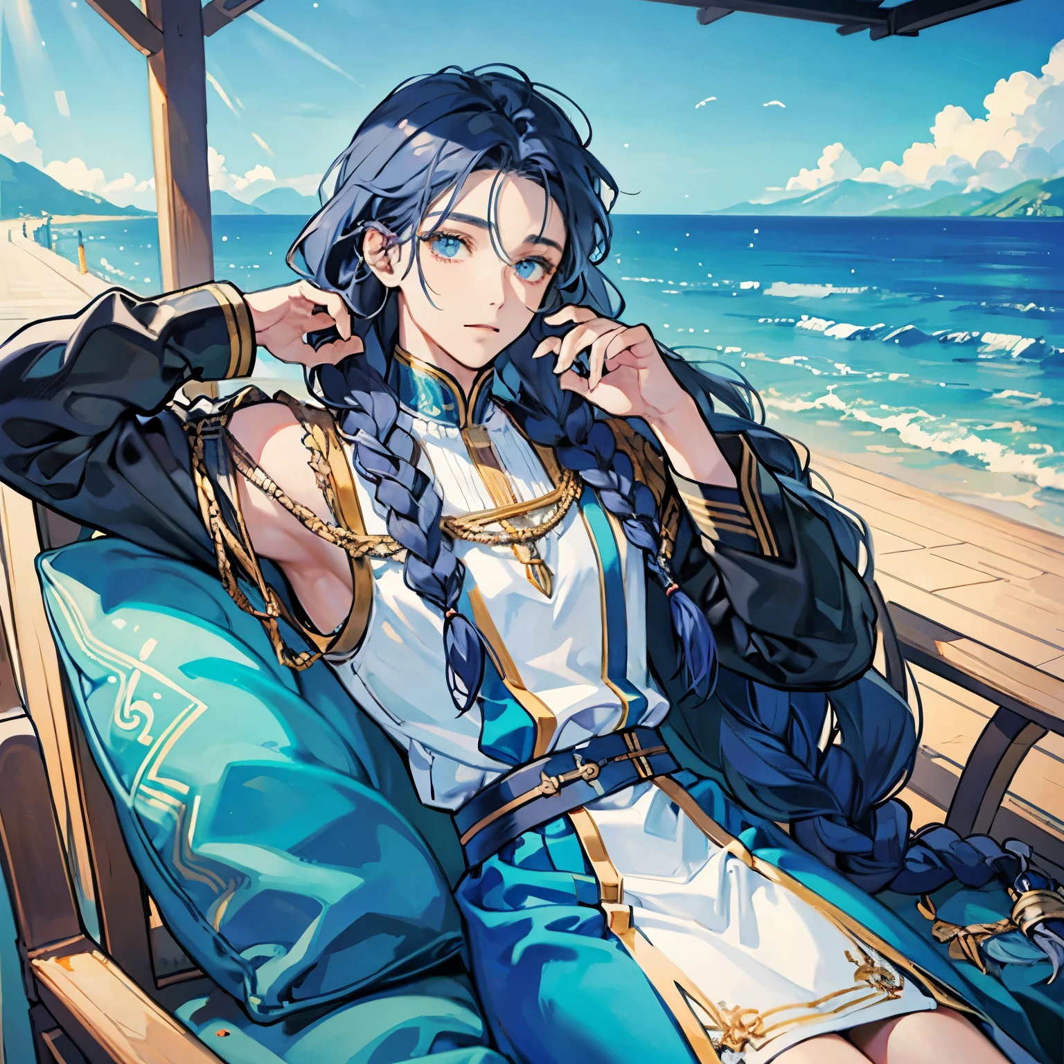 A black boy with long blue braids, com roupas brancas de marinheiro relaxando nas nuvens.