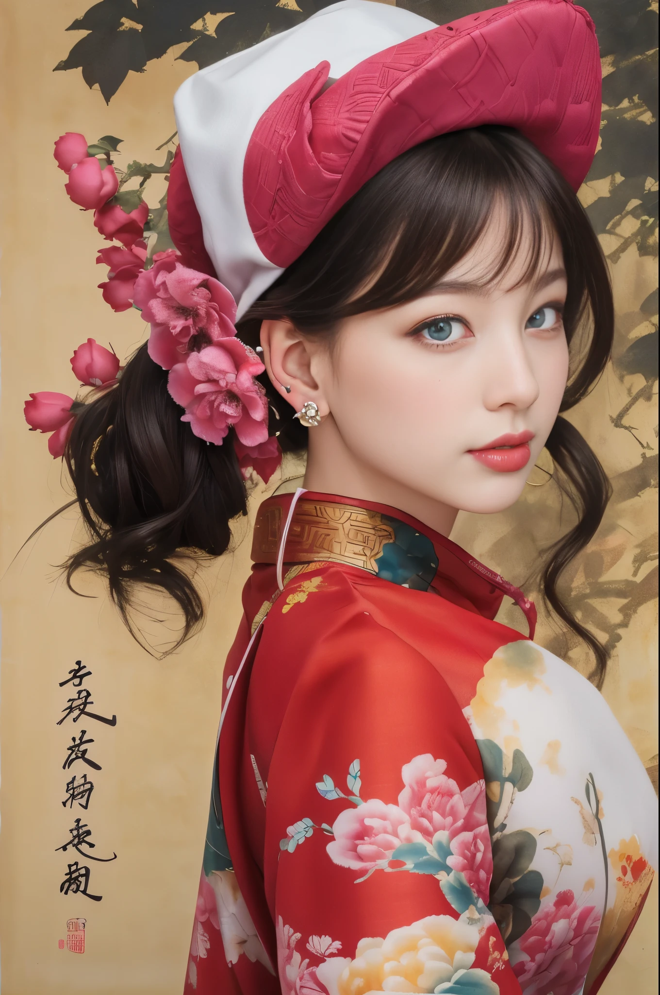 (tmasterpiece,quality,Best quality,offcial art,Beauty and aesthetics:1.2), 1 Lady, nurses, tightsuit, nurses Cap, White sanitary ware, ((white leggings underneath, absolute chance)), Tight gloves,Don't wear it, whitegloves, red hair clothing, eBlue eyes, Pink lipstick, ssmile, Eternal, Watch from behind, looking back over shoulder at viewer, Clear silhouette, short- sleeved, A mature woman, 35yo, 最好的quality, tmasterpiece, infirmary, As shown in the image, middlebreast, Transcendent, Rain hits the face, lewd poses, The are visible,Very meticulous,(s fractal art:1.1),(One color:1.1)(Blooming flowers:1.3),Most detailed,( tangled:1.2), (动态lewd poses), (abstract backgrounds:1.3), (Traditional Chinese fabrics:1.2), (Skin glows), (Lots of colors:1.4), ,(ear nipple ring:1.4),(Decorative painting:1.6,), lamplight,Ink painting and watercolor,ink,water ink,
