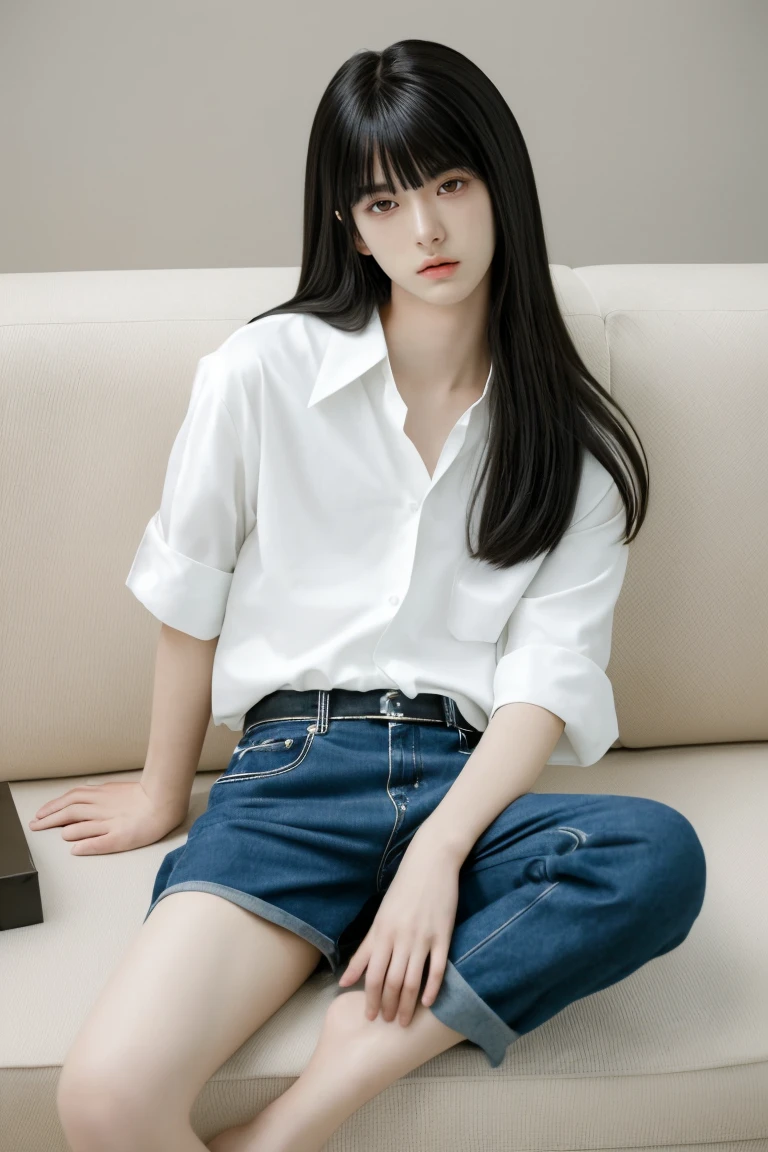 male people,japanes,White shirt,20yr old,college aged,Sitting on the sofa,Beautiful fece,ren,目がren,口がren,long bangs,Beautiful skin,