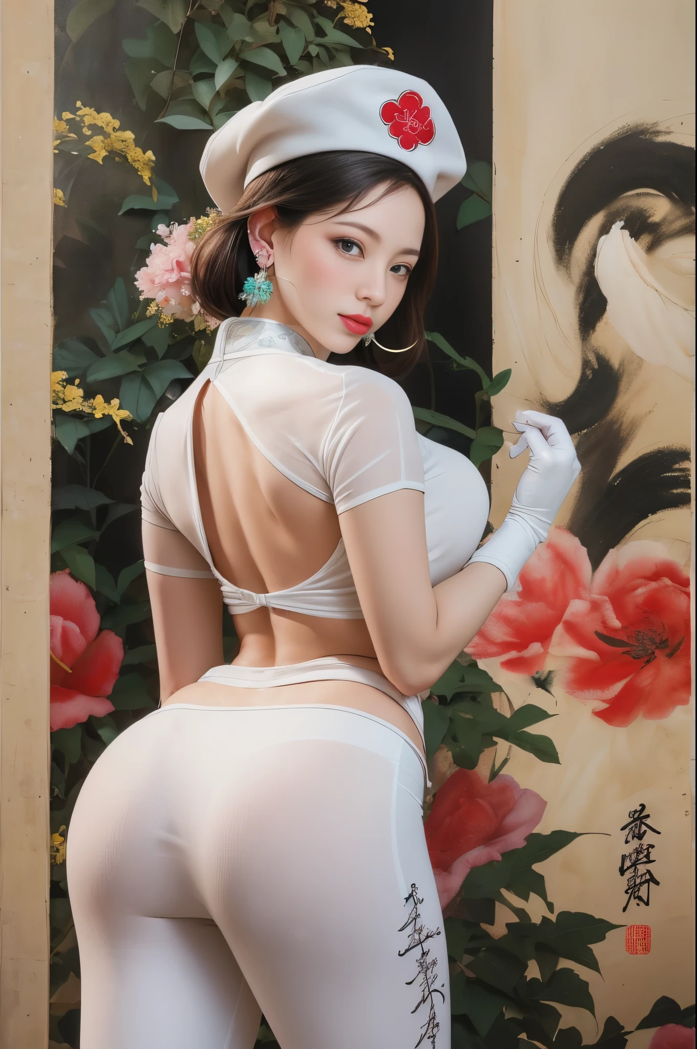 (tmasterpiece,quality,Best quality,offcial art,Beauty and aesthetics:1.2), 1 Lady, nurses, tightsuit, nurses Cap, White sanitary ware, ((white leggings underneath, absolute chance)), Tight gloves,Don't wear it, whitegloves, red hair clothing, eBlue eyes, Pink lipstick, ssmile, Eternal, Watch from behind, looking back over shoulder at viewer, Clear silhouette, short- sleeved, A mature woman, 35yo, 最好的quality, tmasterpiece, infirmary, As shown in the image, middlebreast, Transcendent, Rain hits the face, lewd poses, The are visible,Very meticulous,(s fractal art:1.1),(One color:1.1)(Blooming flowers:1.3),Most detailed,( tangled:1.2), (动态lewd poses), (abstract backgrounds:1.3), (Traditional Chinese fabrics:1.2), (Skin glows), (Lots of colors:1.4), ,(ear nipple ring:1.4),(Decorative painting:1.6,), lamplight,Ink painting and watercolor,ink,water ink,