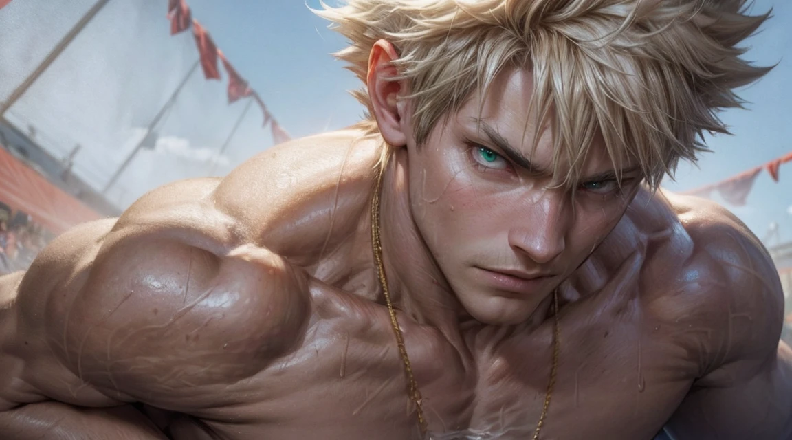 Top quality, Photorealistic, 8K, High definition, Unity 8k wallpaper, A high resolution, ultrasharp, Masterpiece, ((Masterpiece)), Best quality, ((upper body)) ((golden chest-hair)) Intricate details, Expressive eyes, Perfect face, Detailed face, Carefully open your eyes, Detailed eyeasterpiece, Highly detailed and delicate figure art, Ultra-realistic, Detailed body, Detailed pectoralale focus)), Detailed muscles, Bulge, From Boku Hero Academy，Bakugou Katsuki， Stand in the fighting ring， Illumination，Hands with gloves on, necklace of green emerald